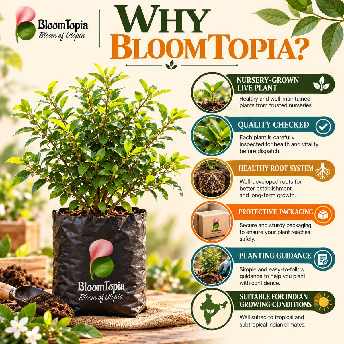 BloomTopia plant-handling and brand-information panel featuring Madhu Kamini.