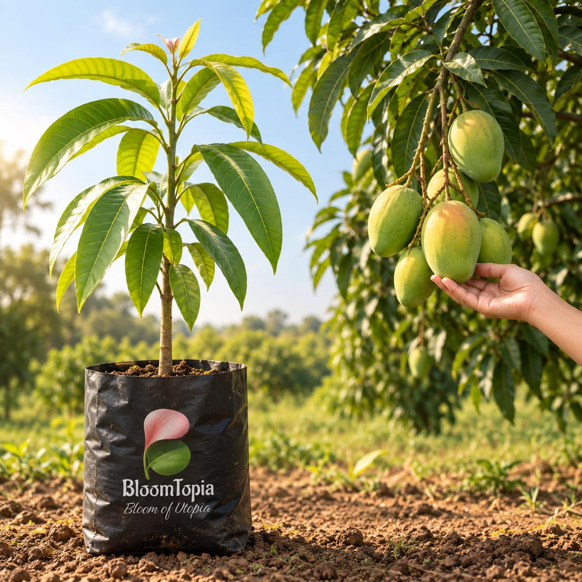 Illustration comparing young Vietnam Variety Mango nursery growth with a mature plant.