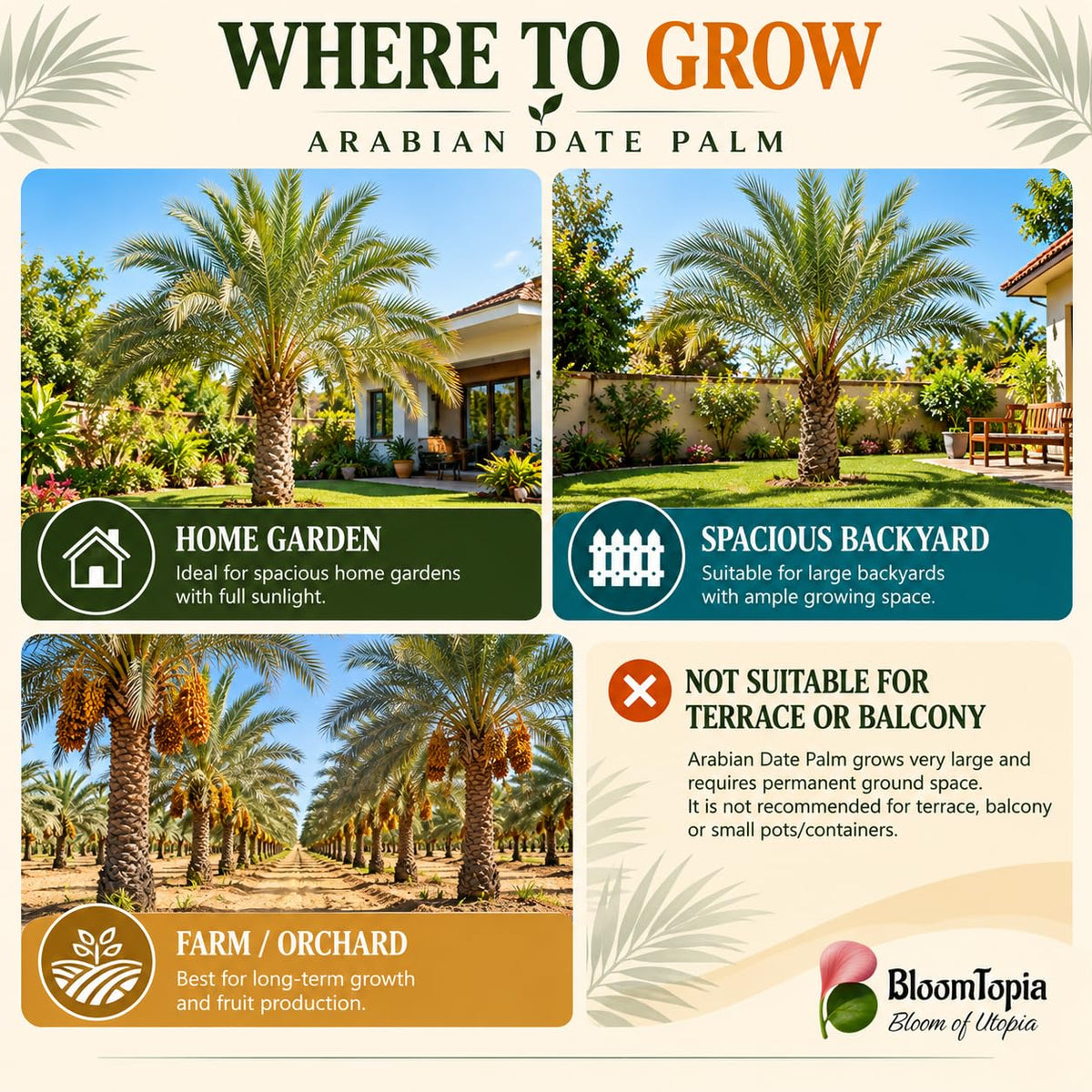Illustrated growing locations for Arabian Date Palm.