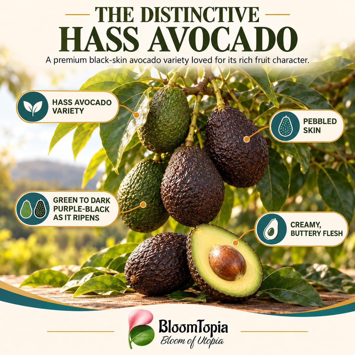 Illustration of mature Hass Avocado features with variety callouts.