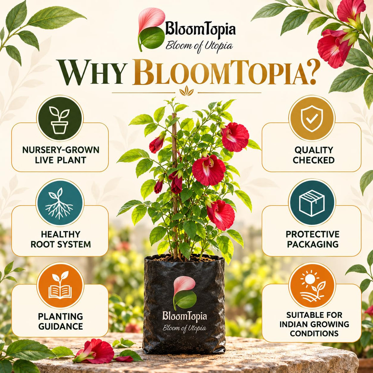 BloomTopia plant-handling and brand-information panel featuring Red Aparajita.