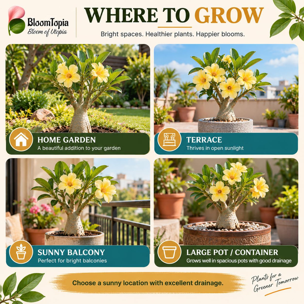 Illustrated growing locations for Yellow Adenium Desert Rose Bonsai.