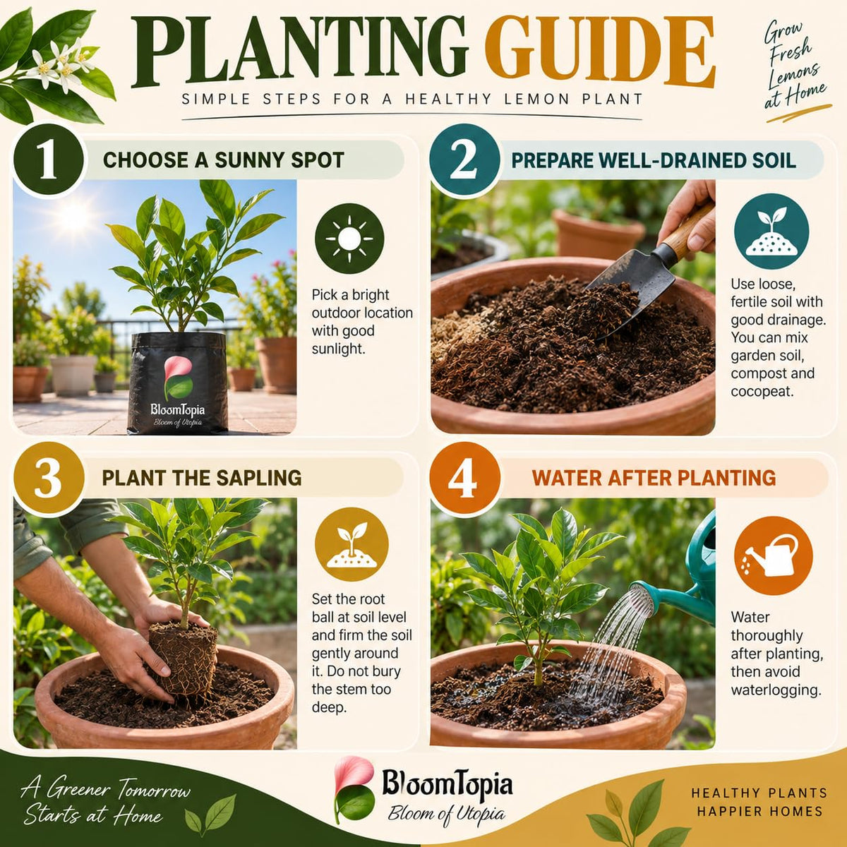Step-by-step planting illustration for Kolkata Pati Lebu Lemon.