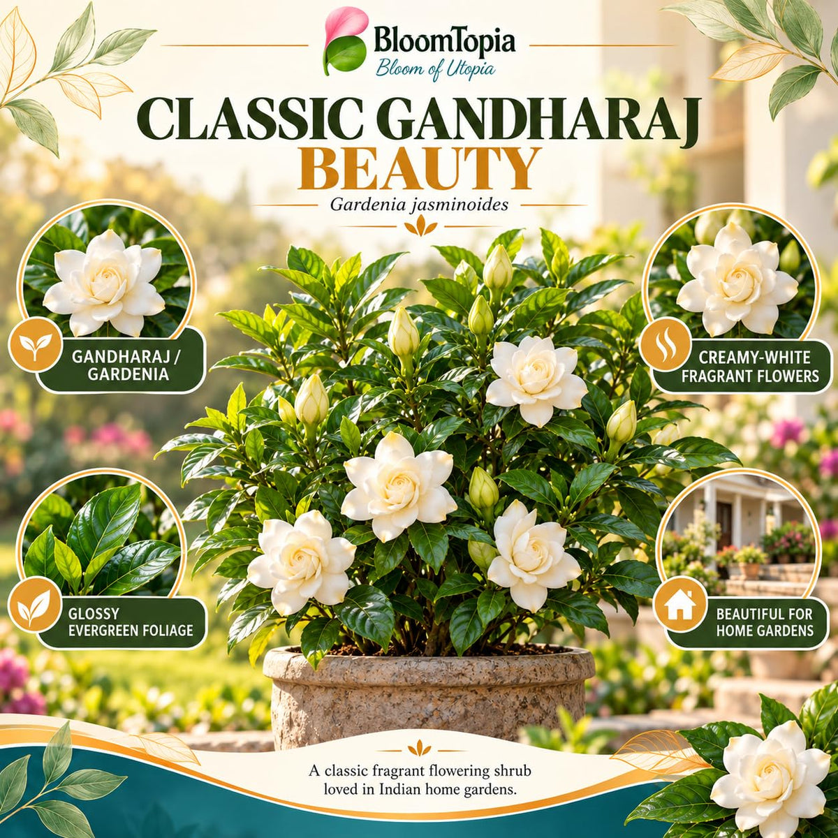 Illustration of mature Gandharaj Gardenia features with variety callouts.
