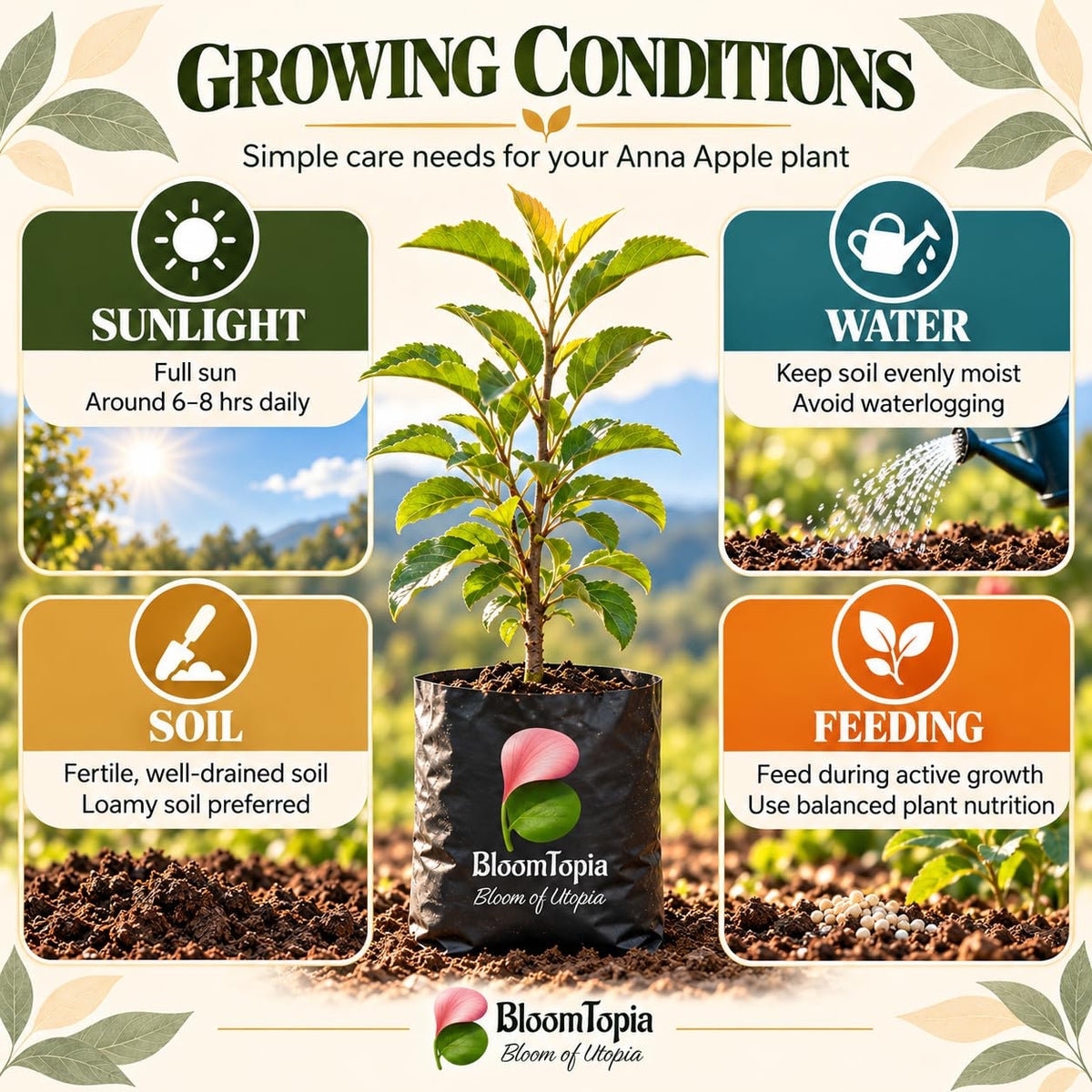 Sunlight, water, soil and feeding guide for Anna Apple.