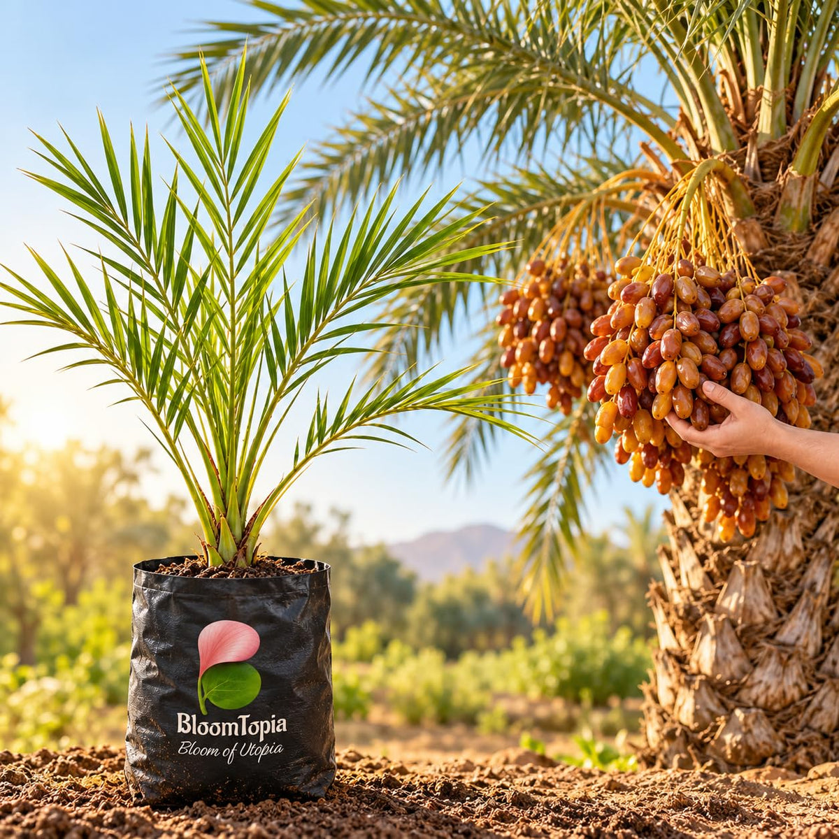 Illustration comparing young Arabian Date Palm nursery growth with a mature plant.