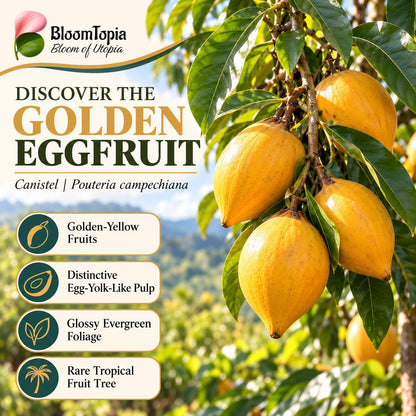 Illustration of mature Egg Fruit Canistel features with variety callouts.