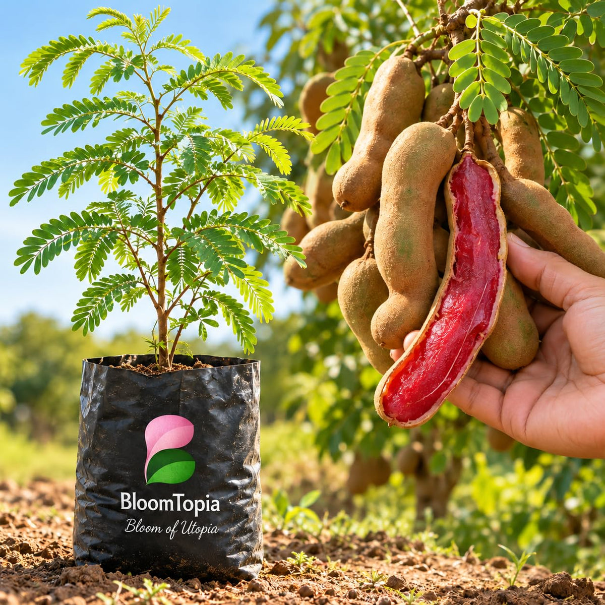 Illustration comparing young Red Sweet Tamarind nursery growth with a mature plant.
