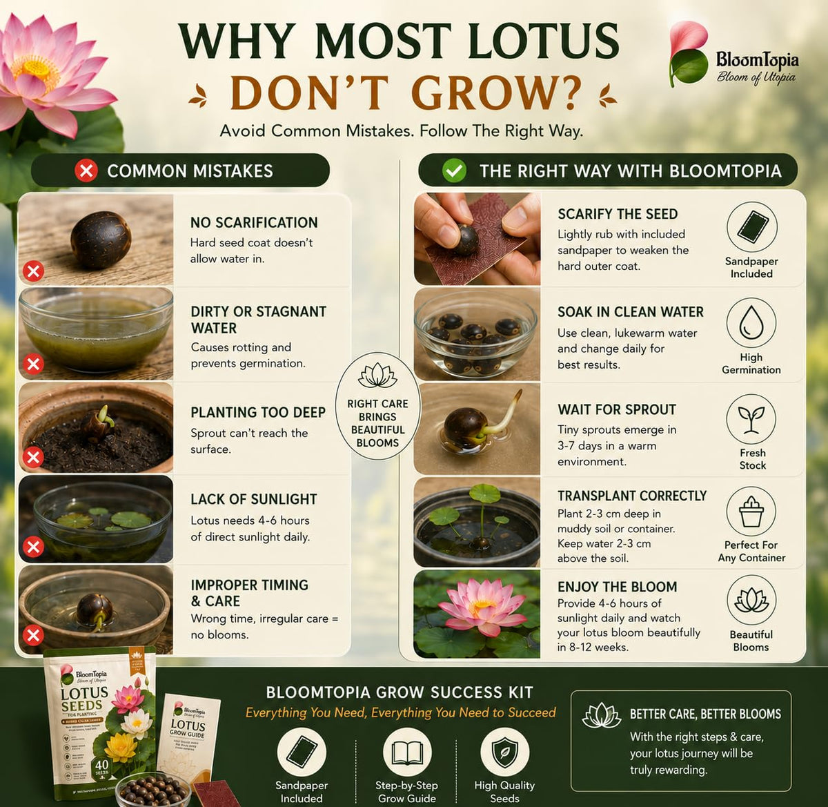 Lotus germination troubleshooting illustration.