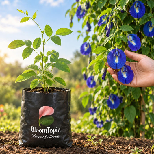 Illustration comparing young Blue Aparajita nursery growth with a mature plant.
