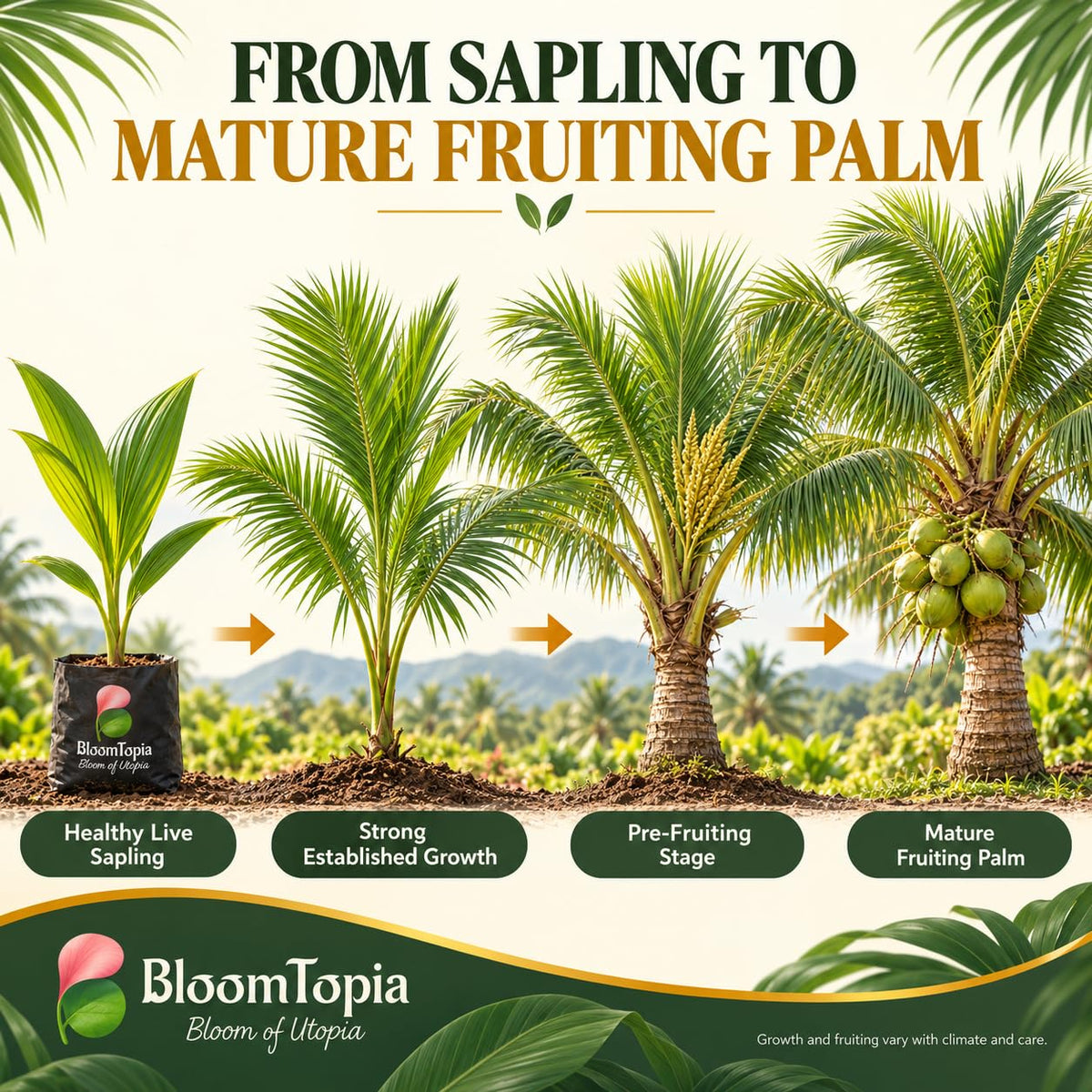 Illustrated Vietnam dwarf coconut plant growth stages.