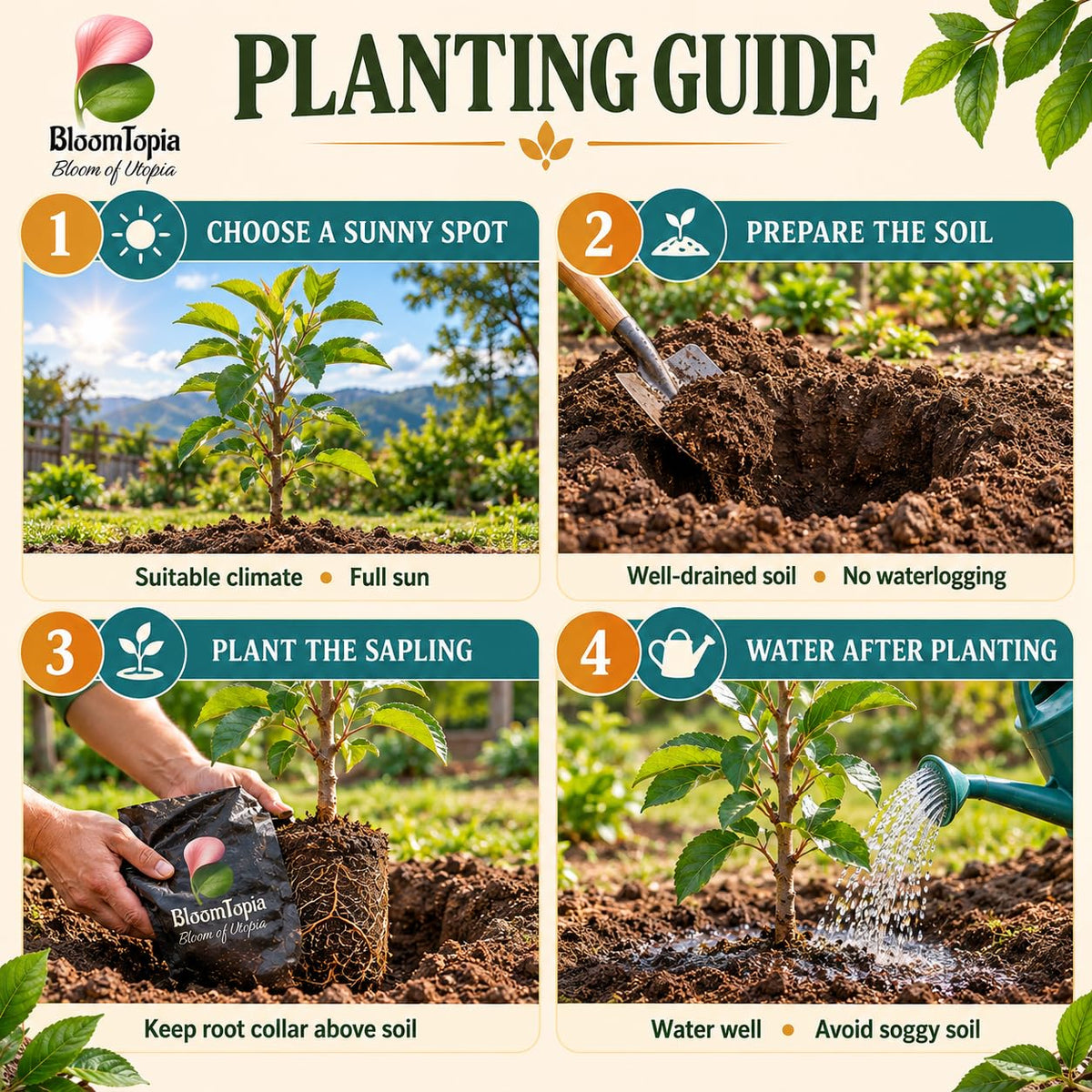 Step-by-step planting illustration for Darjeeling Apple.