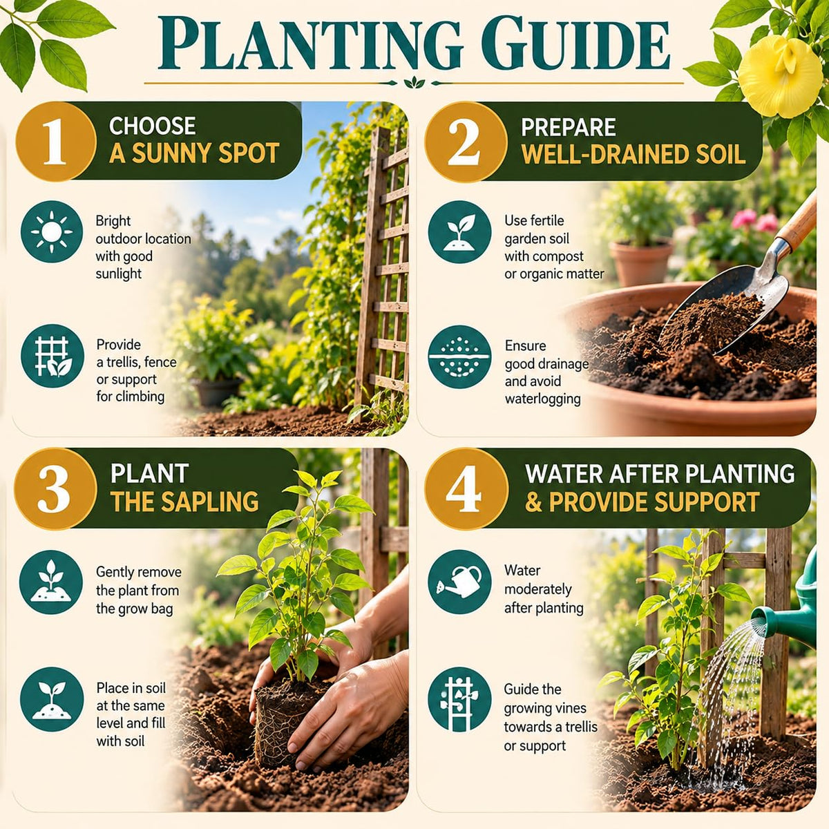 Step-by-step planting illustration for Yellow Aparajita.