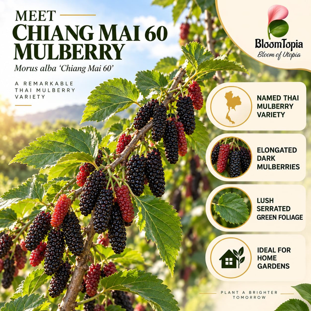Illustration of mature Chiang Mai 60 Mulberry features with variety callouts.
