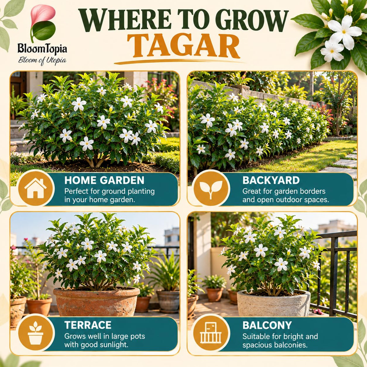 Illustrated growing locations for Tagar Crape Jasmine.