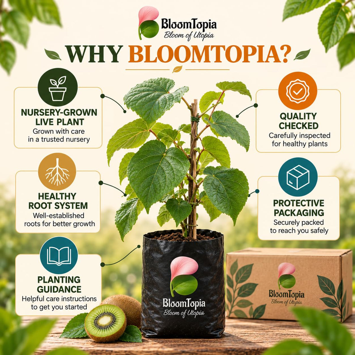 BloomTopia plant-handling and brand-information panel featuring Kiwi Hybrid.
