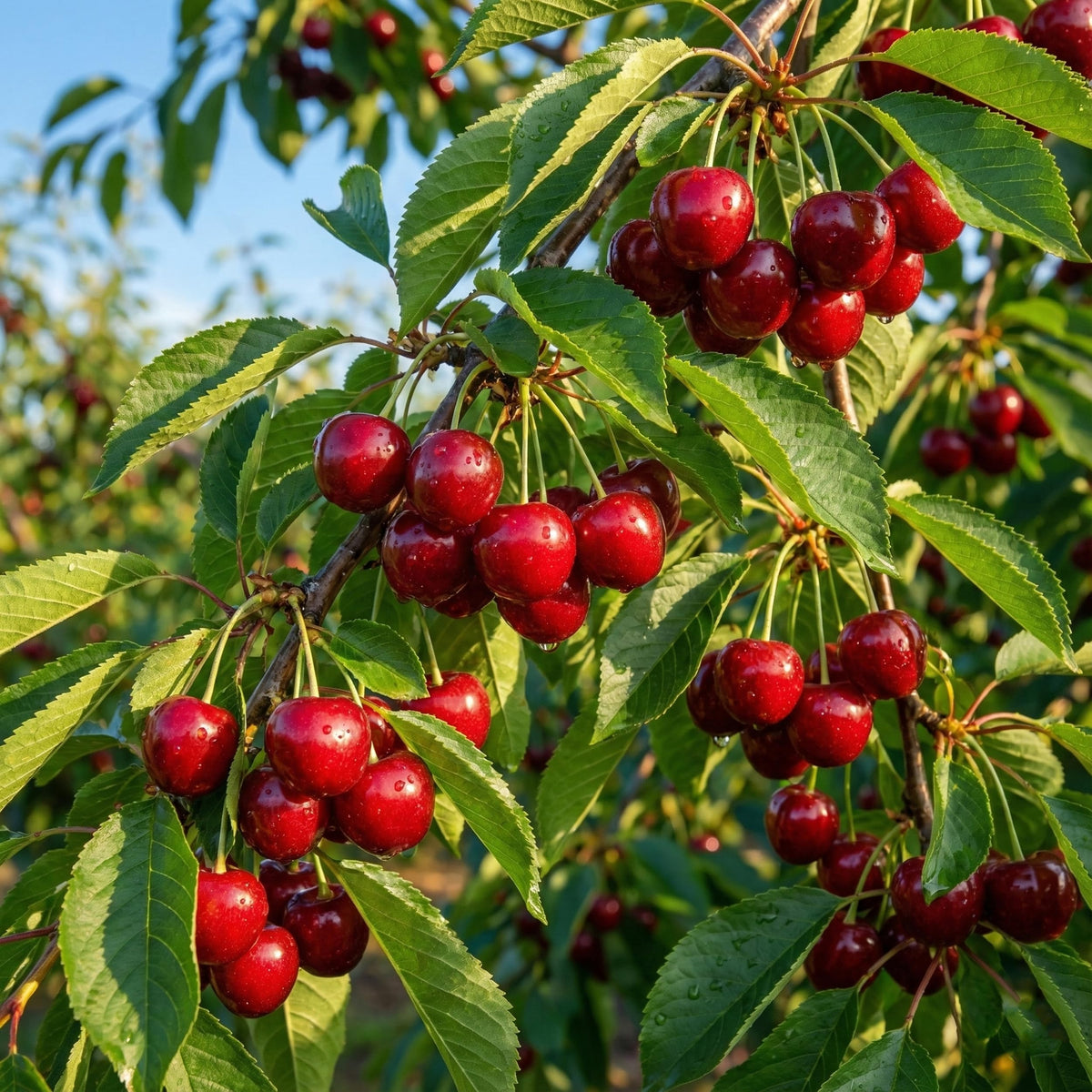 Red Barbados Cherry fruit growing among green leaves.