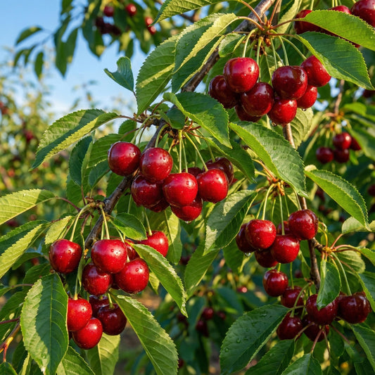 Red Barbados Cherry fruit growing among green leaves.