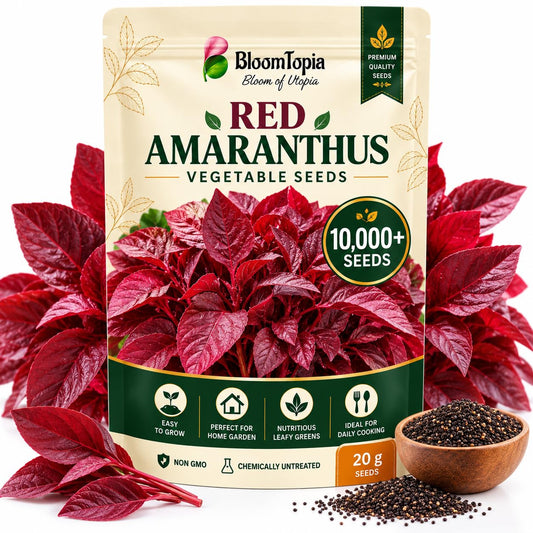BloomTopia red amaranthus seed pouch beside red leafy greens.