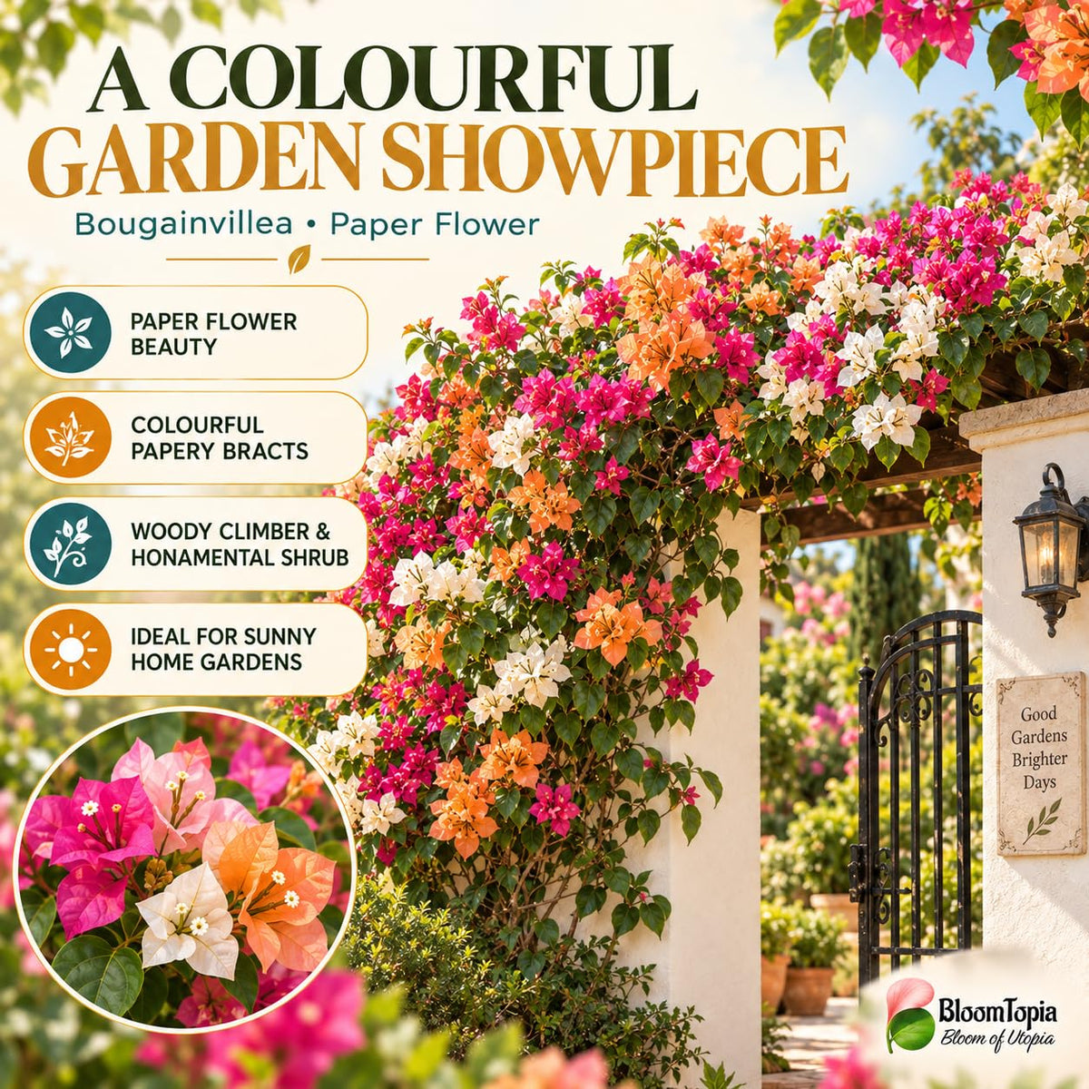 Illustration of mature Bougainvillea features with variety callouts.