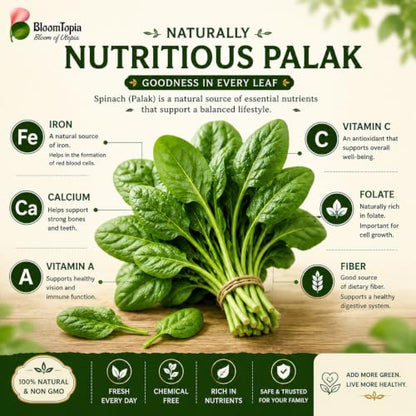 Palak spinach leaves with nutrition information.