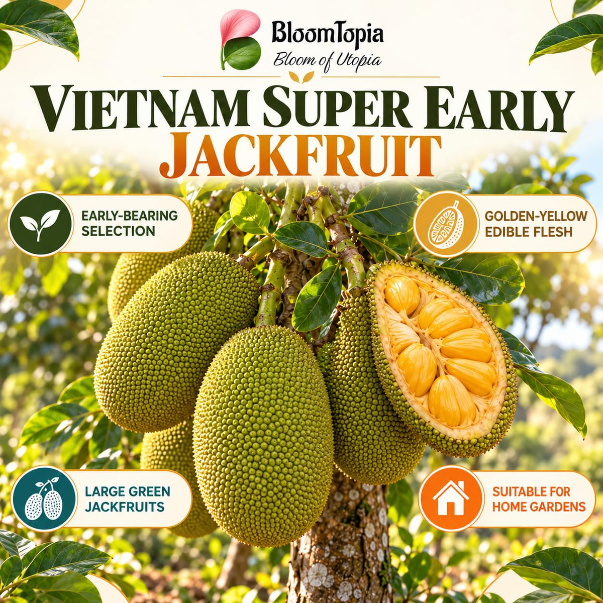 Illustration of mature Vietnam Super Early Jackfruit features with variety callouts.