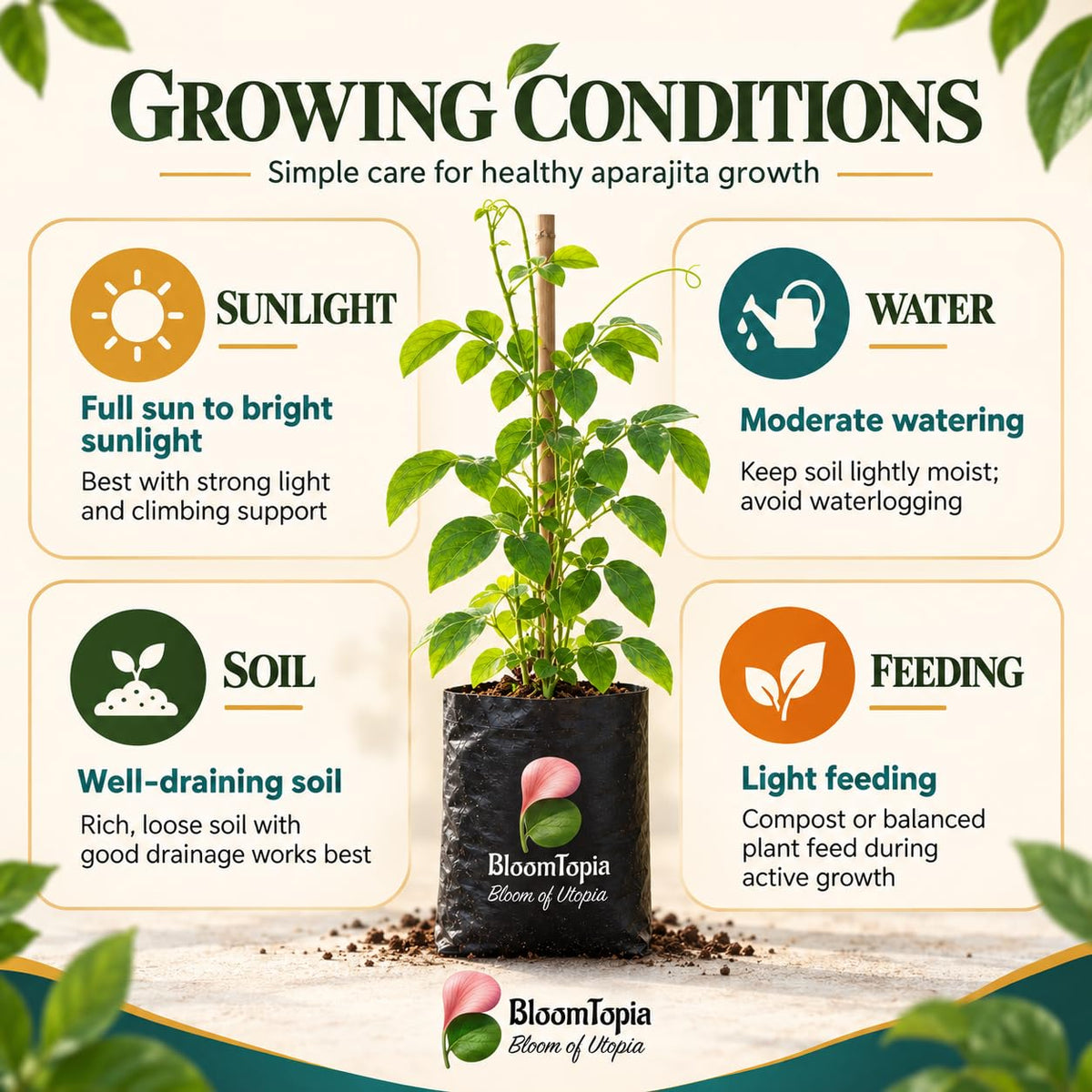 Sunlight, water, soil and feeding guide for Aparajita.