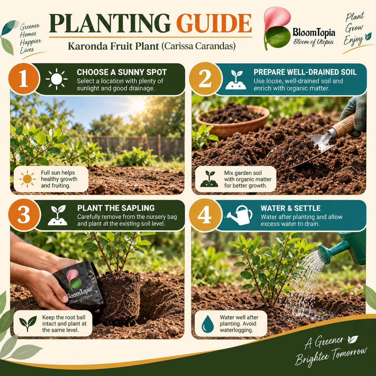 Step-by-step planting illustration for Karonda Fruit Plant (Carissa carandas).