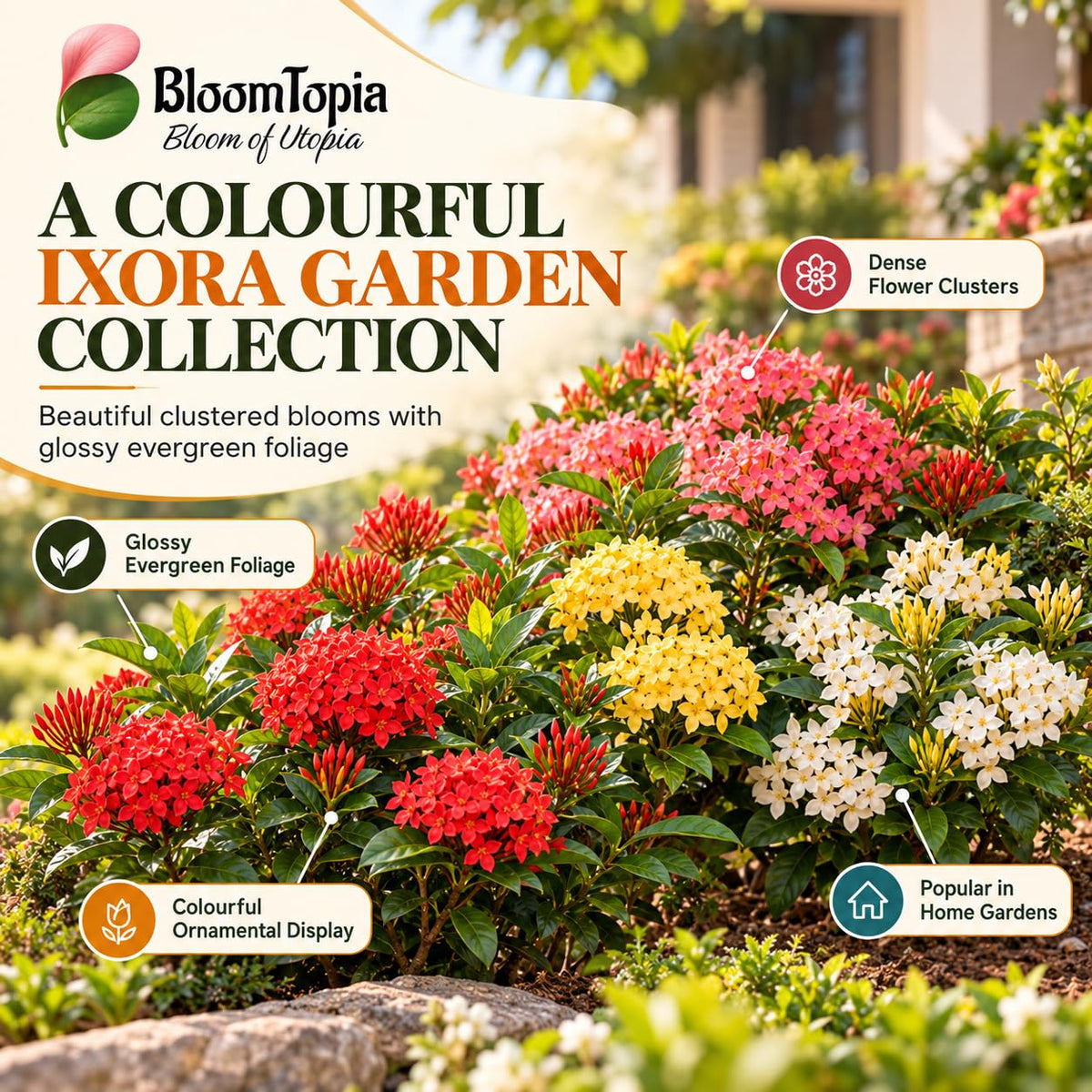 Illustration of mature Ixora Rangan Flowering features with variety callouts.