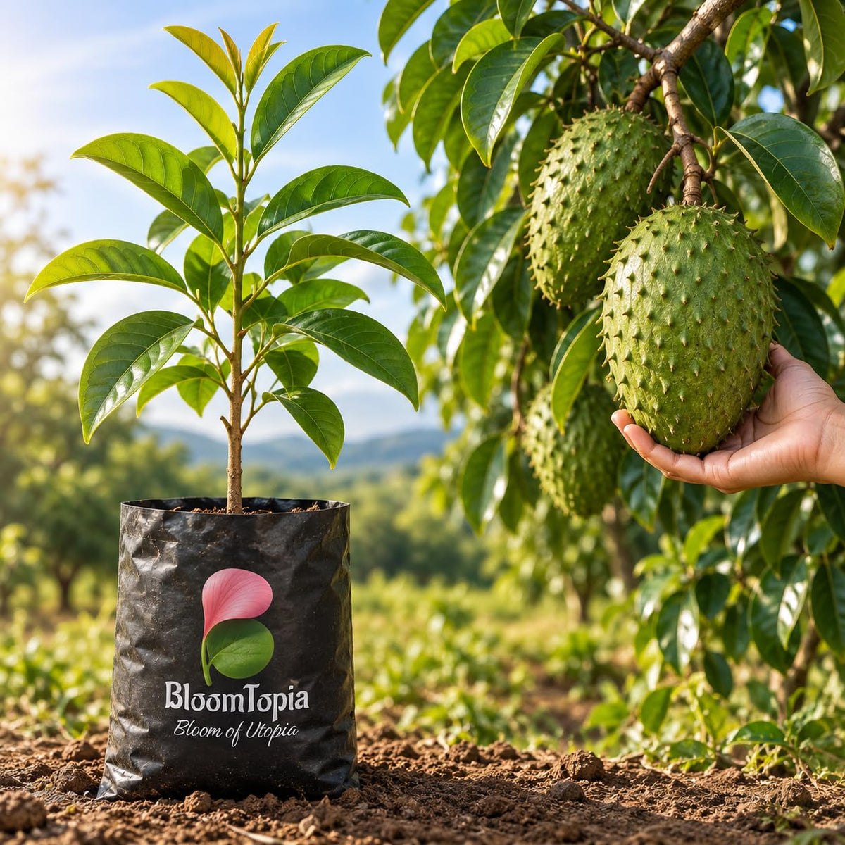 Illustration comparing young Soursop nursery growth with a mature plant.