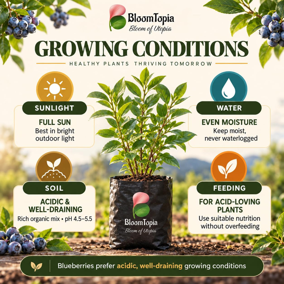 Sunlight, water, soil and feeding guide for Blueberry.