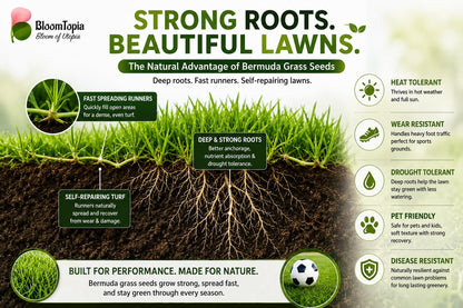 Grass root cross-section with lawn activity icons.