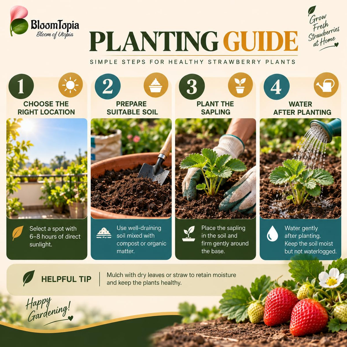 Step-by-step planting illustration for Strawberry.