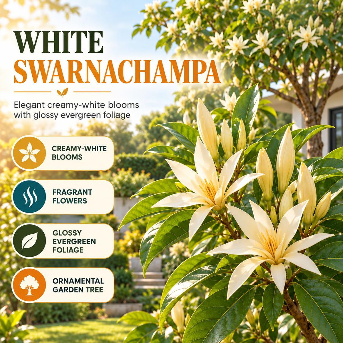 Illustration of mature White Swarnachampa features with variety callouts.