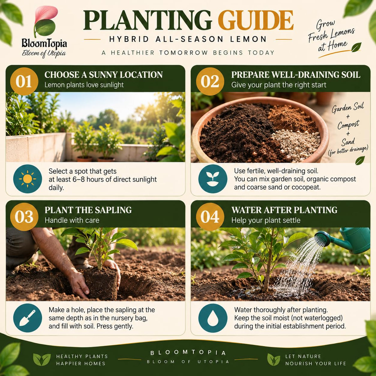 Step-by-step planting illustration for Hybrid All-Season Lemon.