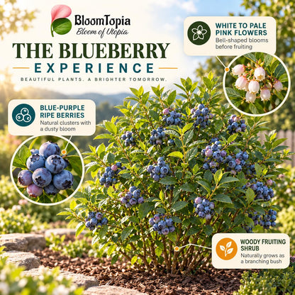 Illustration of mature Blueberry features with variety callouts.