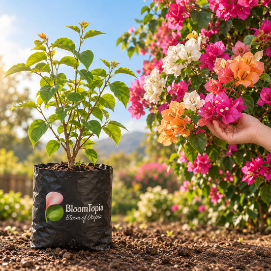 Illustration comparing young Bougainvillea nursery growth with a mature plant.