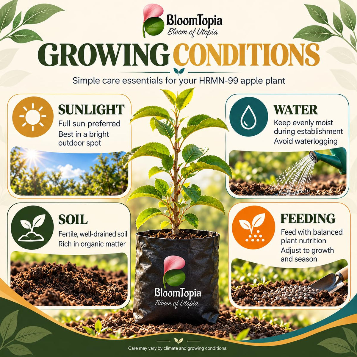 Sunlight, water, soil and feeding guide for HRMN-99 Hariman Apple.