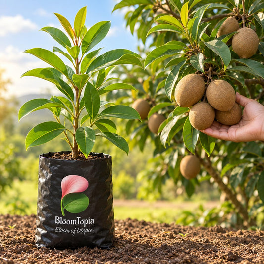 Illustration comparing young Hybrid Chiku Sapodilla nursery growth with a mature plant.