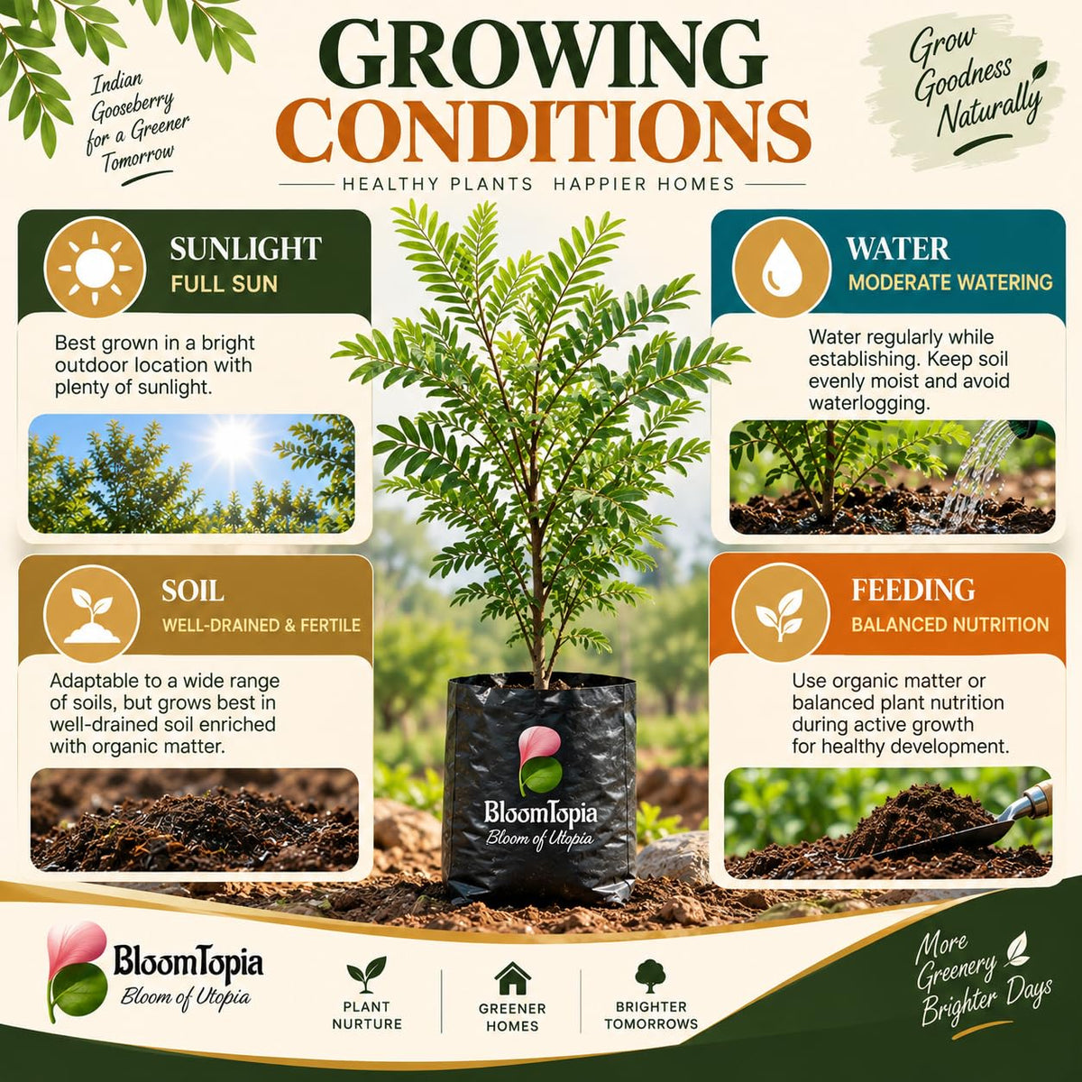 Sunlight, water, soil and feeding guide for Hybrid Amla Indian Gooseberry.