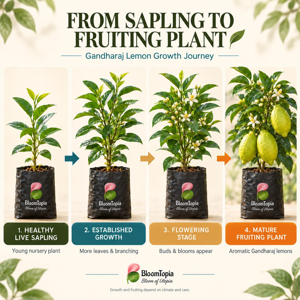 Illustrated growth stages for Gandharaj Lemon, from young plant to mature growth.