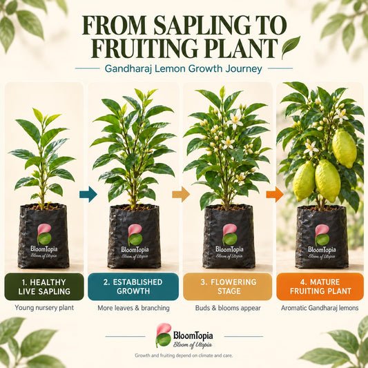 Illustrated growth stages for Gandharaj Lemon, from young plant to mature growth.
