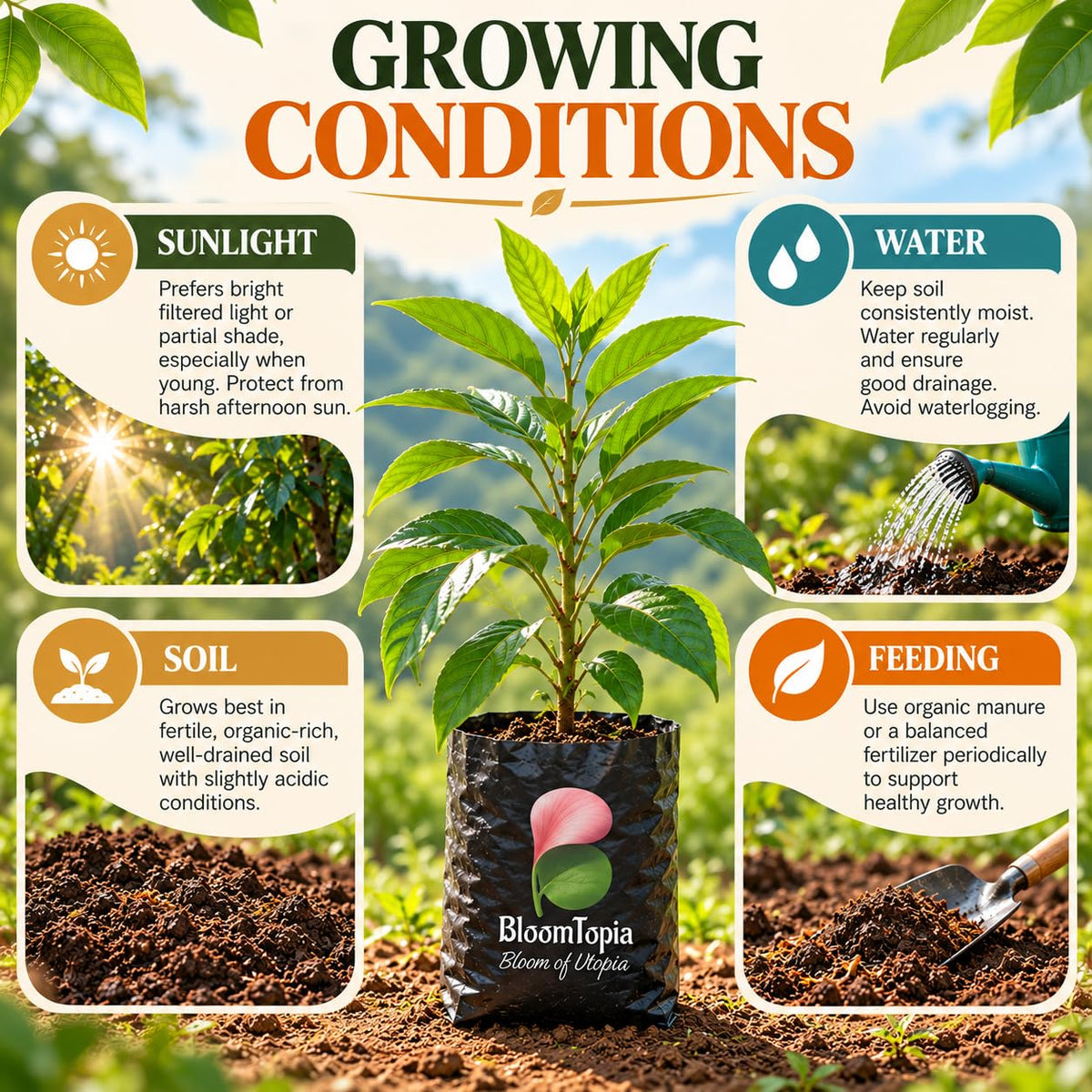 nutmeg sunlight, water, soil and feeding guide.