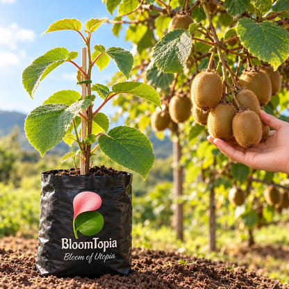 Illustration of a young kiwi plant beside mature fruit.