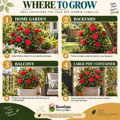 Illustrated growing locations for Rare Red Hybrid Camellia.