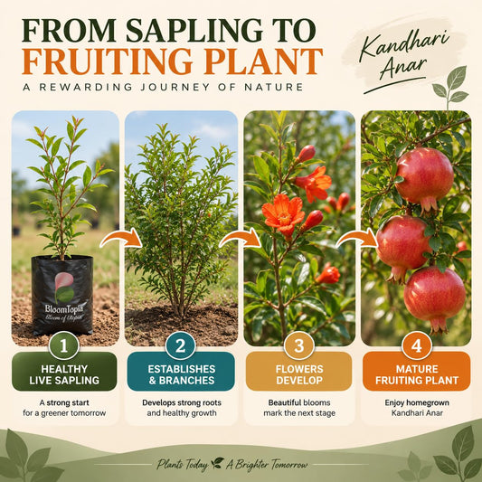 Illustrated growth stages for Kandhari Anar Pomegranate, from young plant to mature growth.