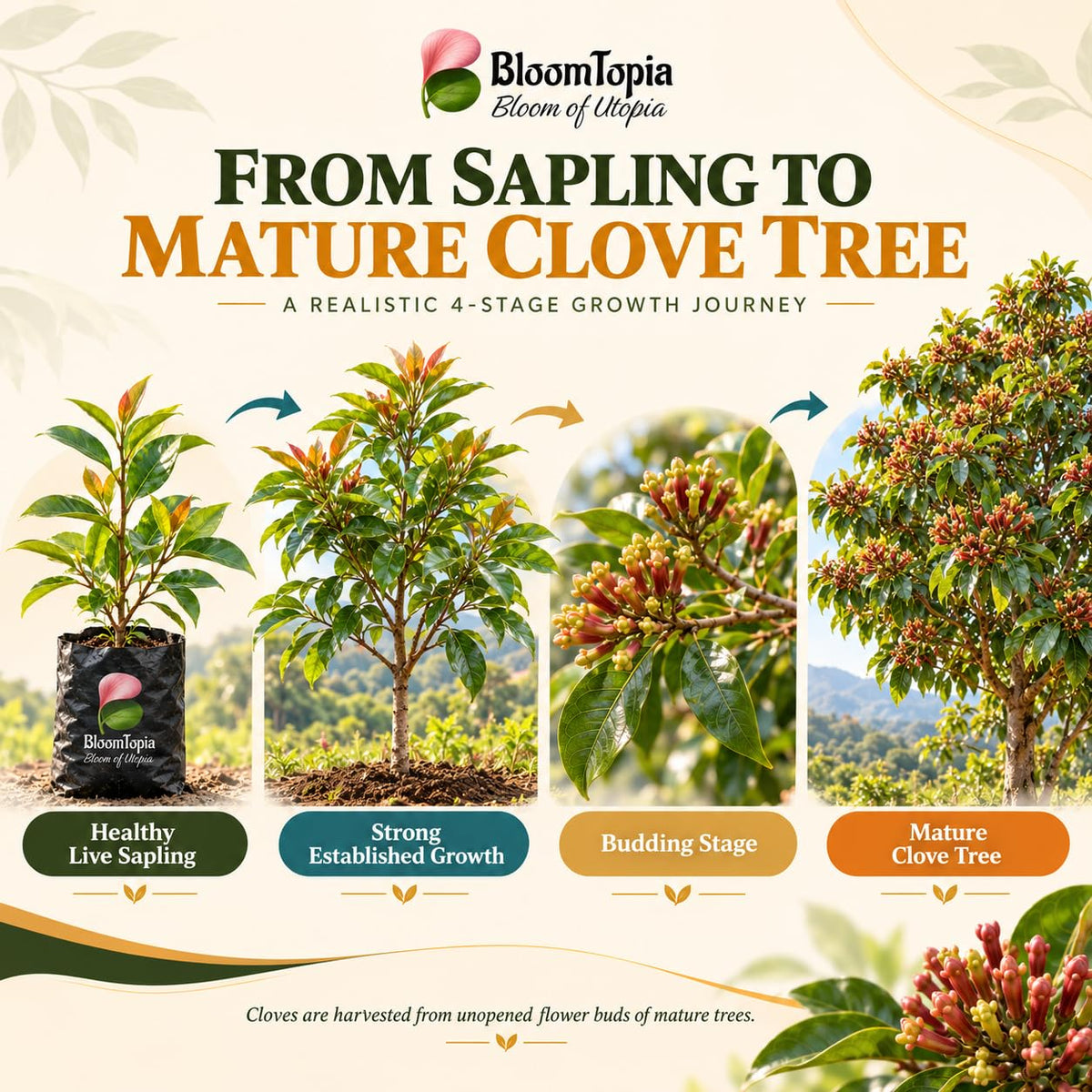 Illustrated clove plant growth stages.