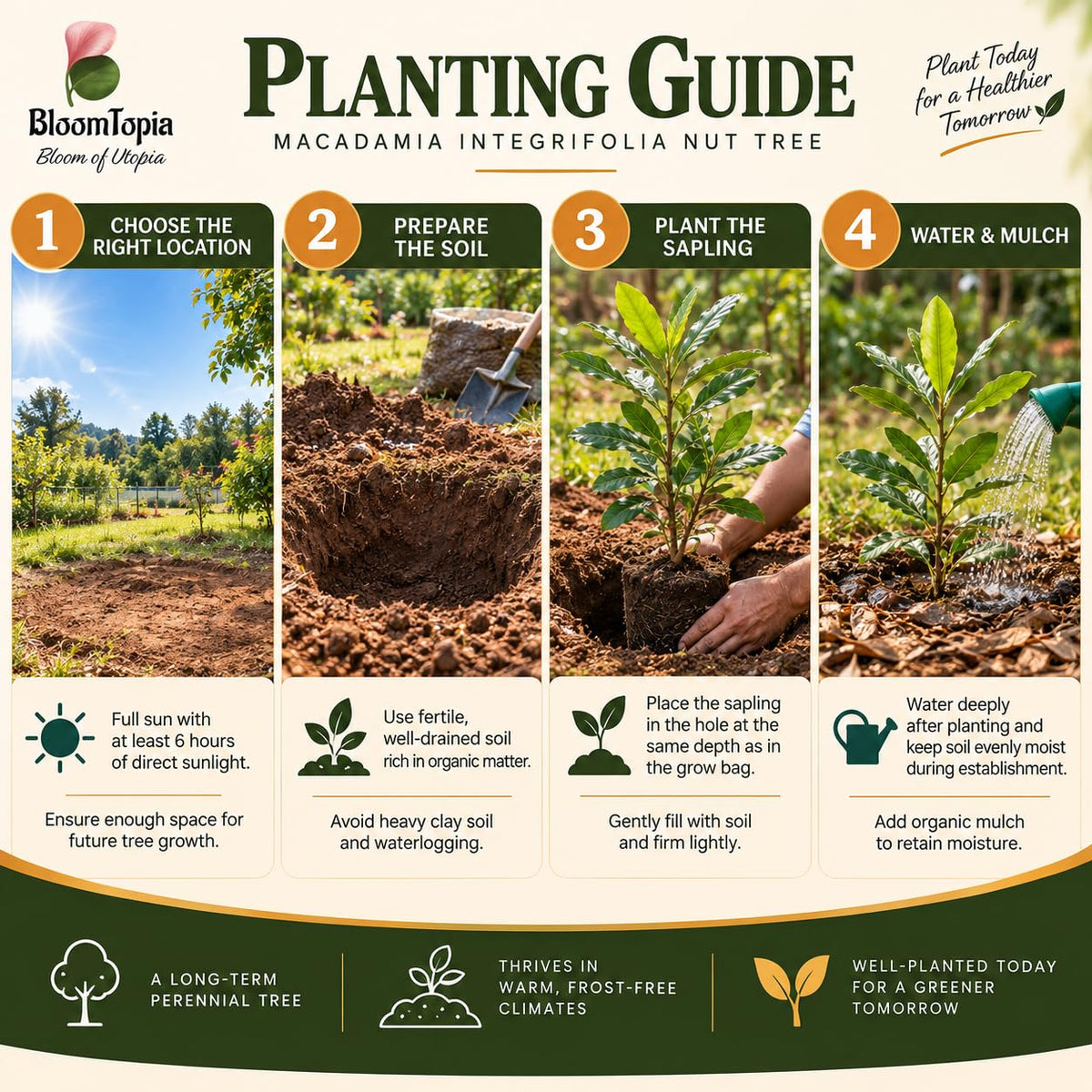 Step-by-step planting illustration for Macadamia Nut.