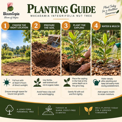 Step-by-step planting illustration for Macadamia Nut.