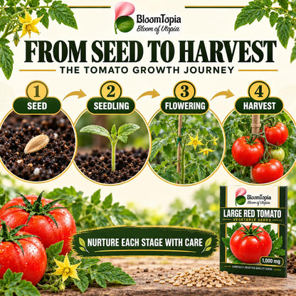 Tomato seed-to-harvest growth illustration.